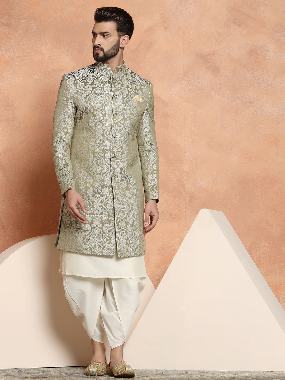 Olive Green Silk Blend Kurta Set with White Jacquard Indo-Western Jacket and Dhoti Pants â€“ Wedding & Reception Ensemble - Image 8