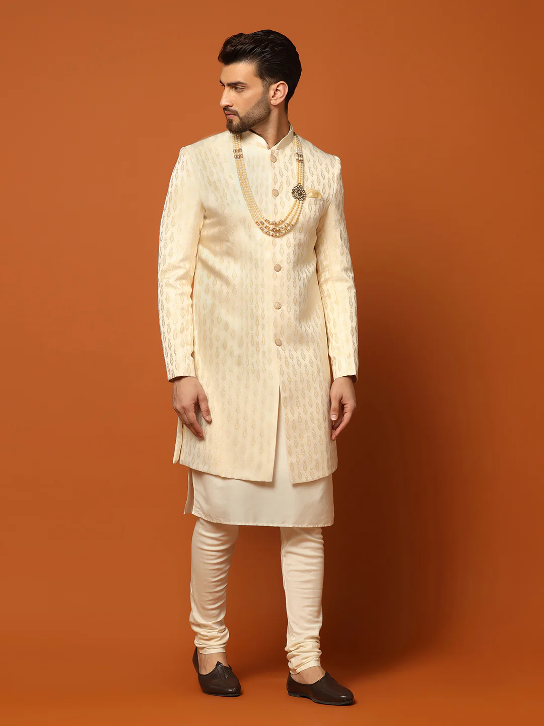 Cream Jacquard Sherwani Kurta Churidar Set - Image 2