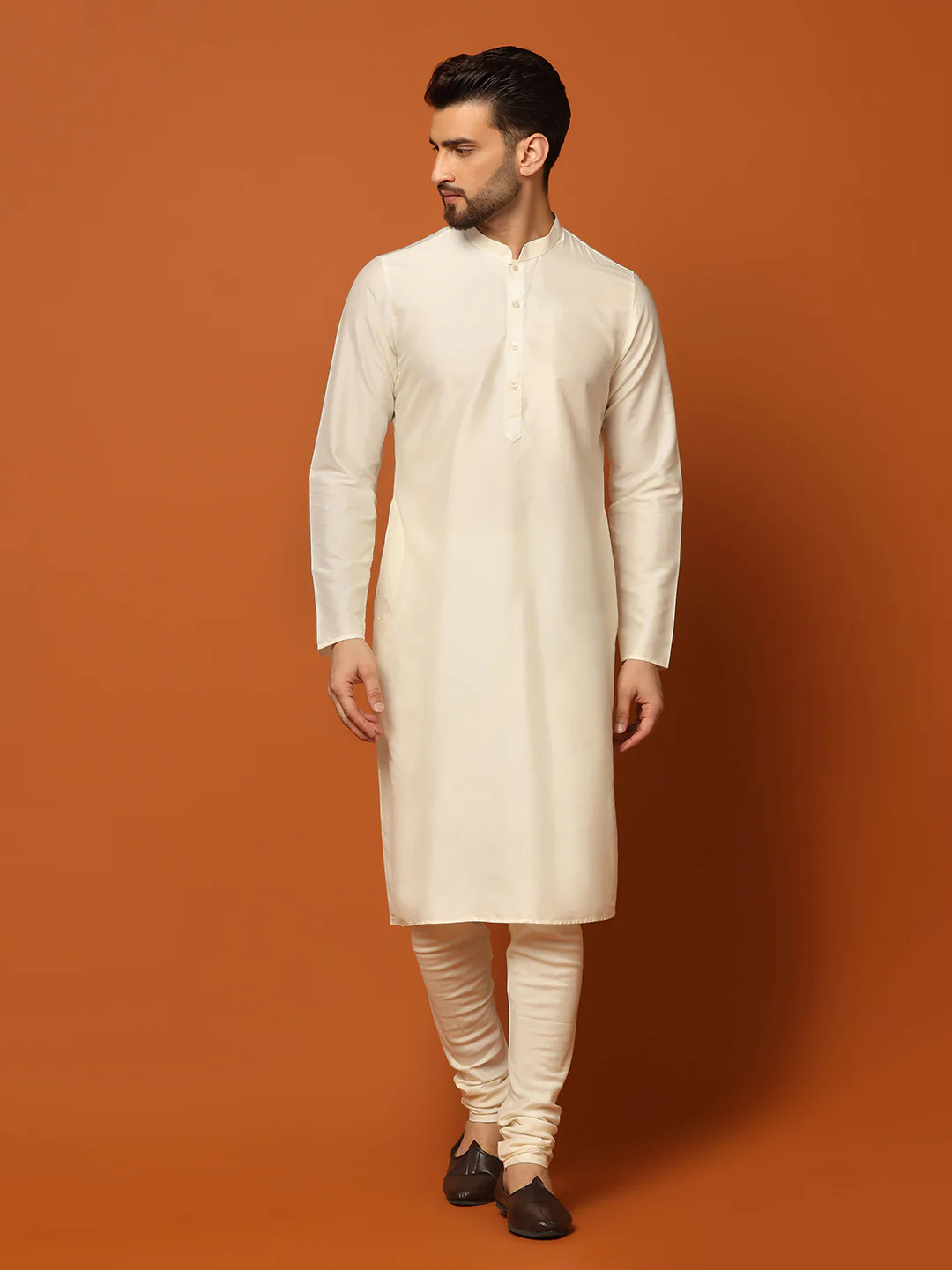 Cream Jacquard Sherwani Kurta Churidar Set - Image 5