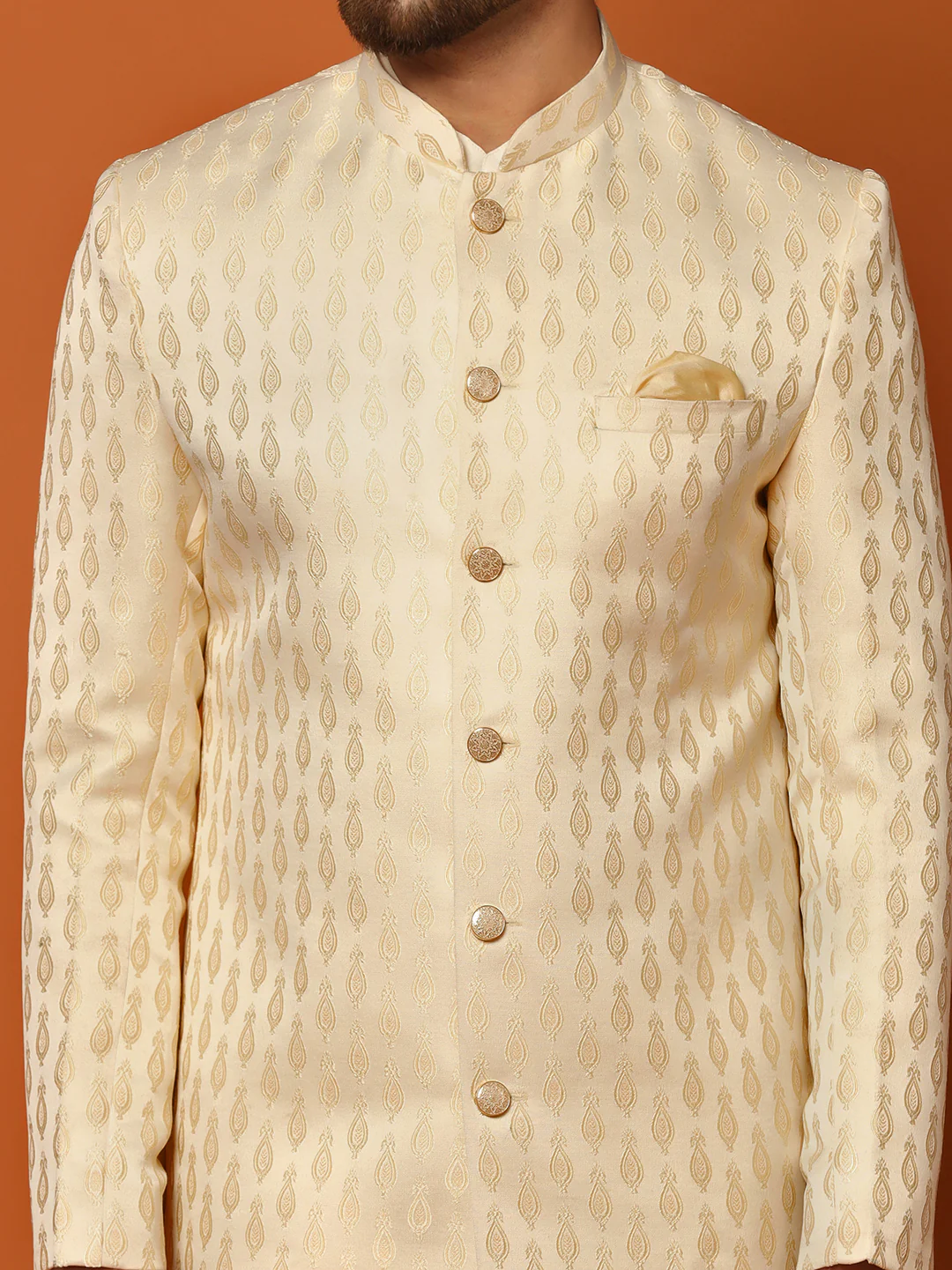 Cream Jacquard Sherwani Kurta Churidar Set - Image 6