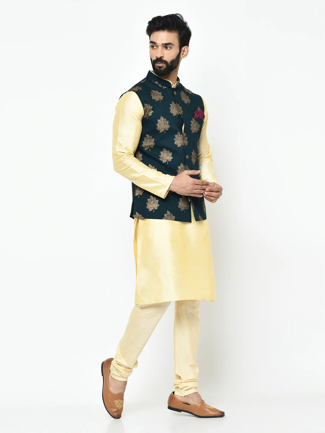 Men's Teal Green Kurta Jacket Pyjama Set - Image 3