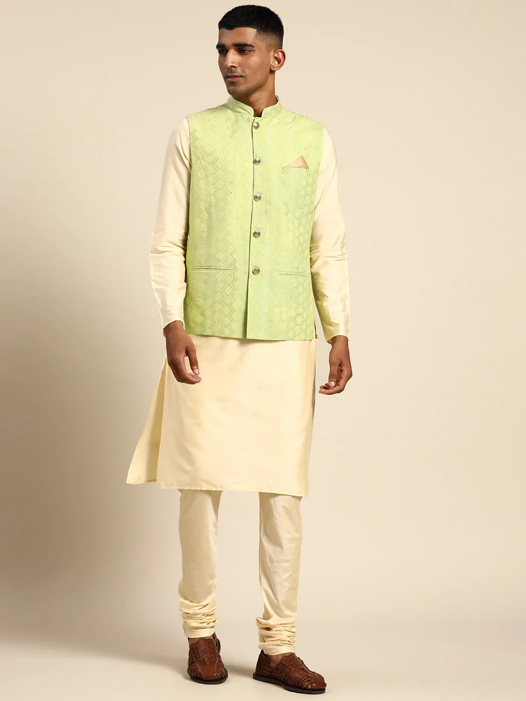Men Green Color Kurta Jacket Set - Image 7