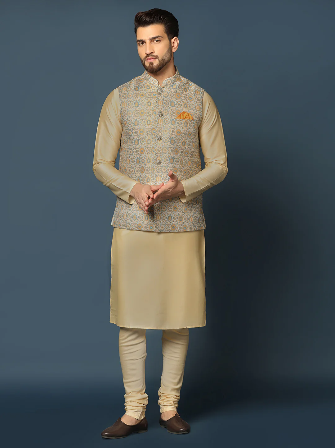 Beige Silk Blend Textured Nehru Jacket Kurta Churidar - Image 2