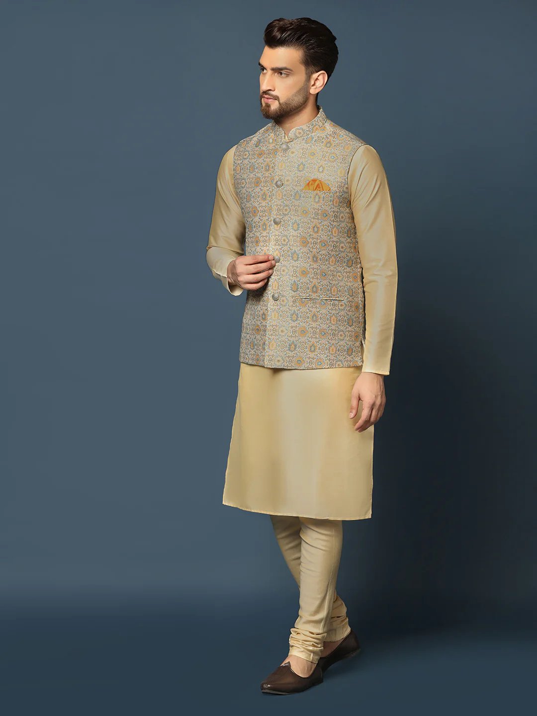 Beige Silk Blend Textured Nehru Jacket Kurta Churidar - Image 4