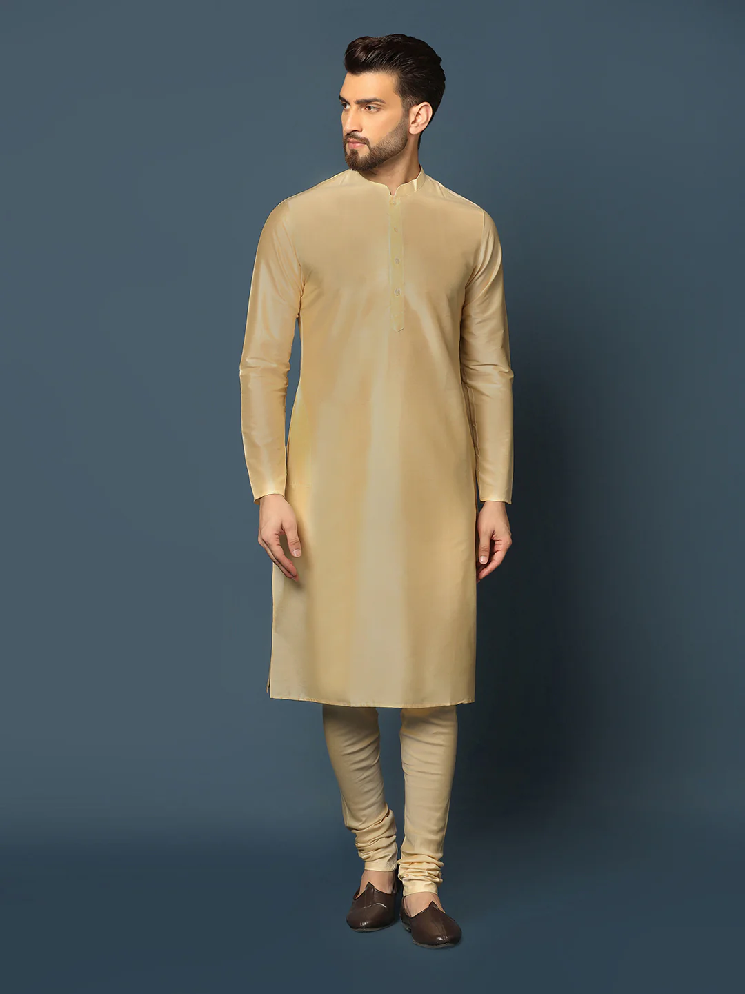 Beige Silk Blend Textured Nehru Jacket Kurta Churidar - Image 6