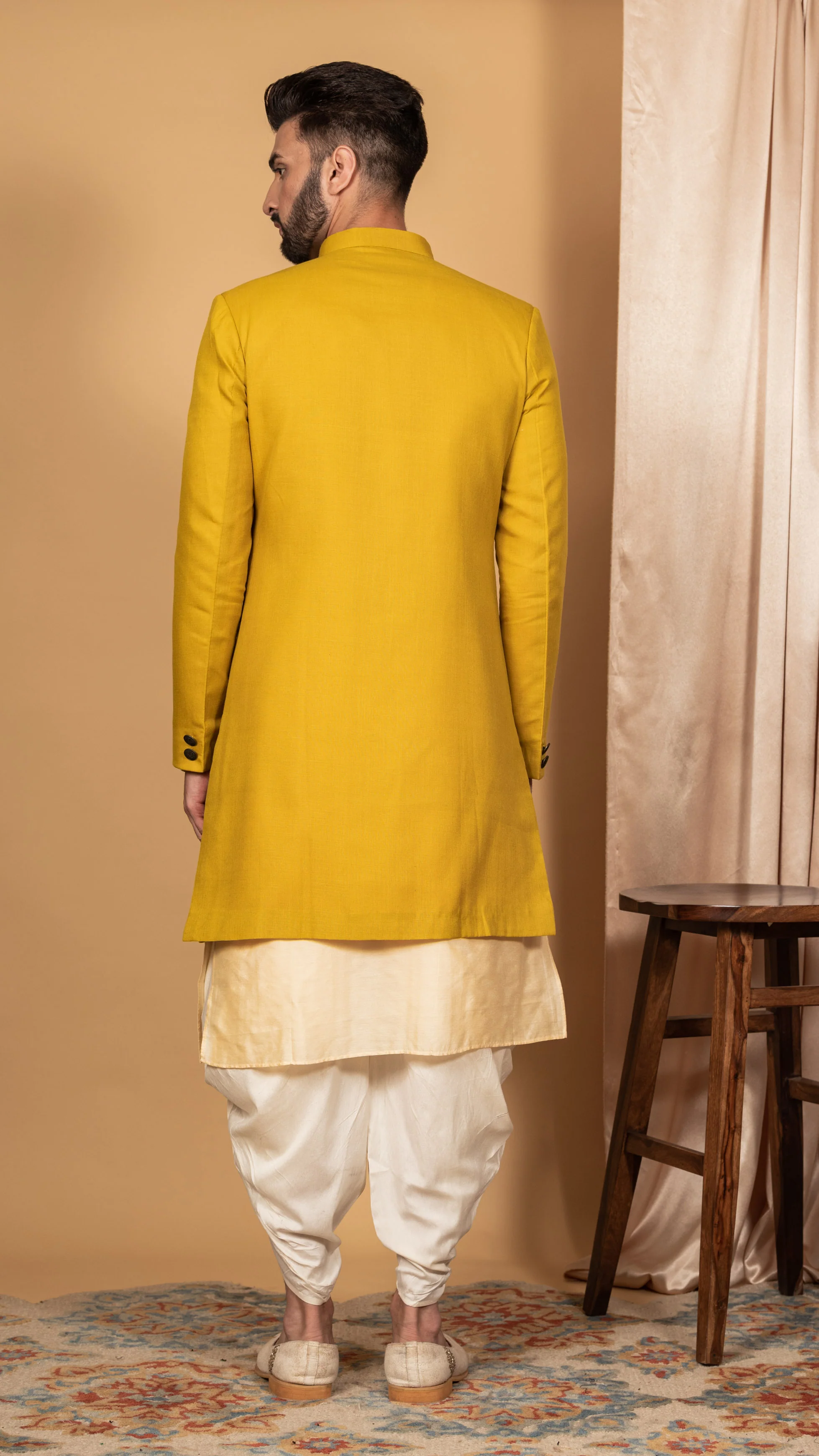 Men's Mustard Indowestern Set With Kurta and Dhoti - Image 4