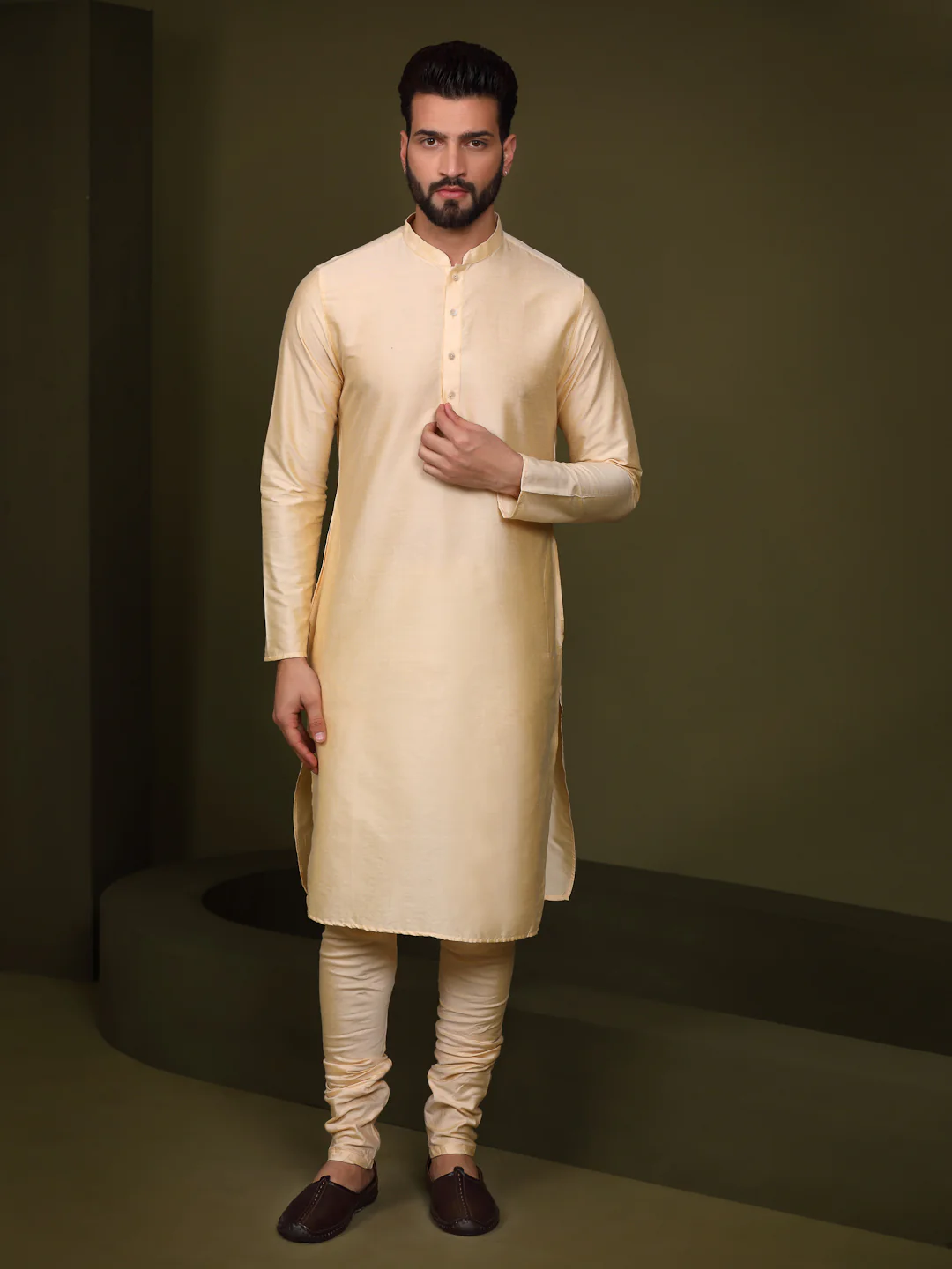 Men's Mustard Indowestern Set With Kurta and Churidar - Image 5