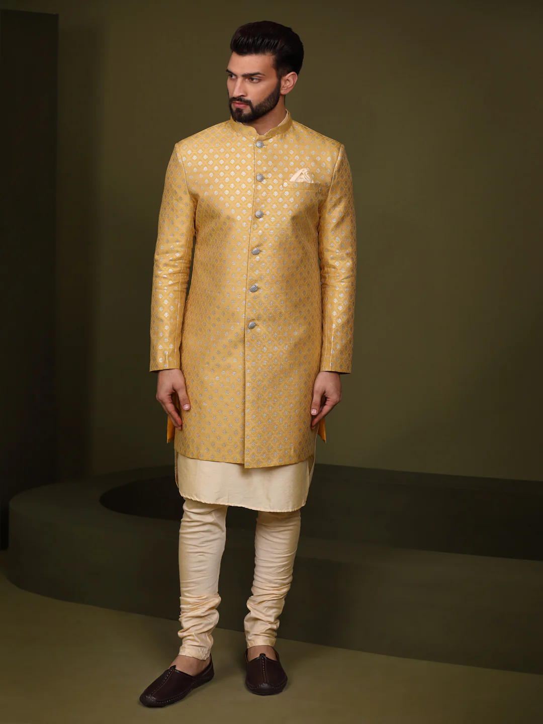 Men's Mustard Indowestern Set With Kurta and Churidar - Image 8
