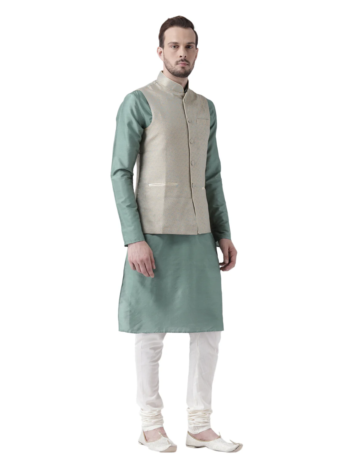 Men's Beige Kurta Jacket Pyjama Set - Image 2
