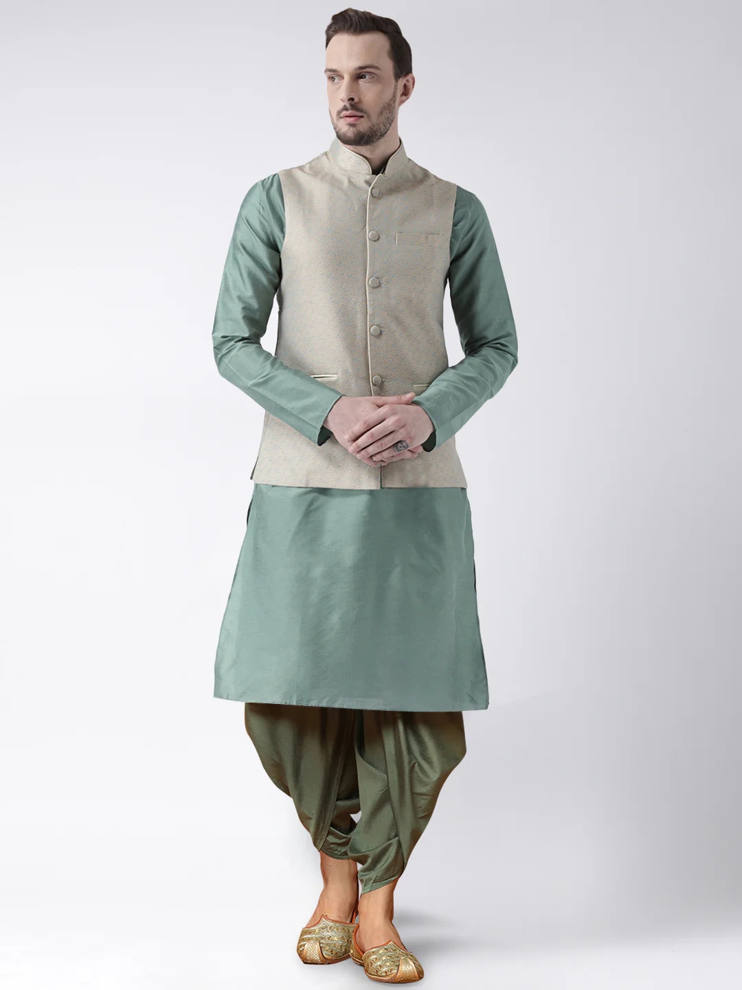 Men's Green Kurta Jacket Dhoti Set