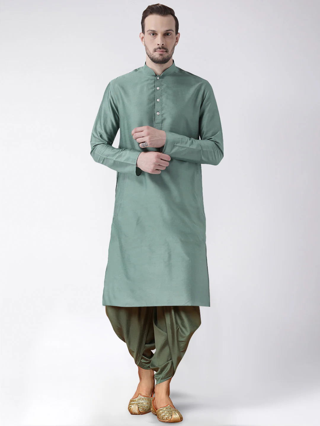 Men's Green Kurta Jacket Dhoti Set - Image 5