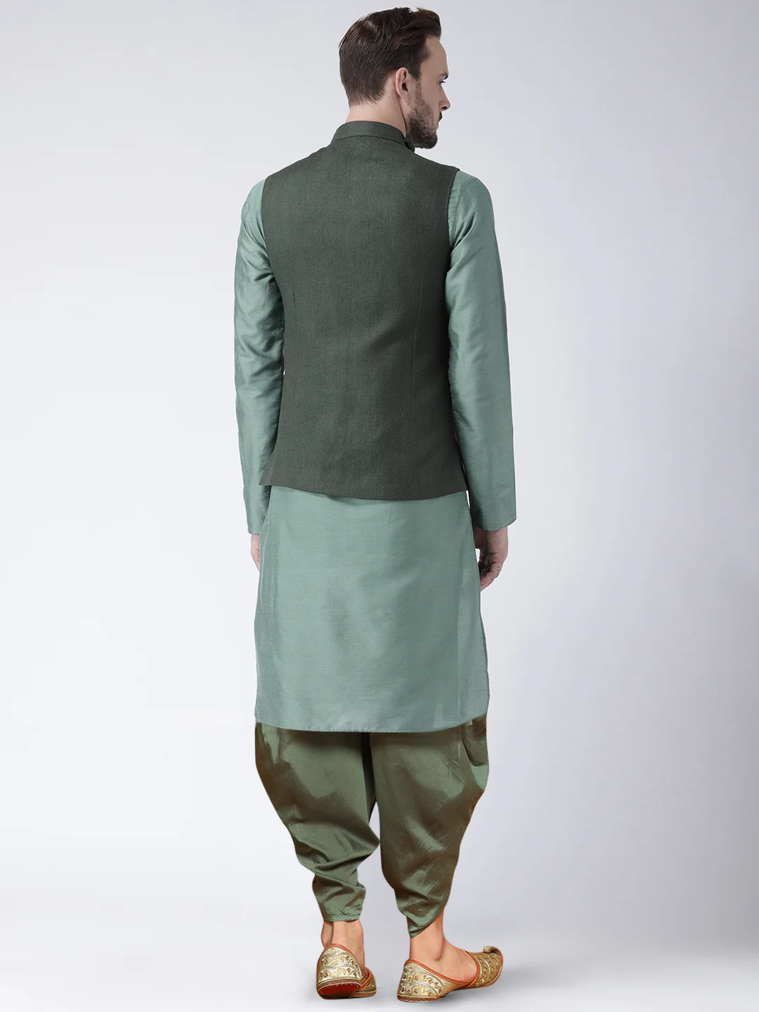 Men's Green Kurta Jacket Dhoti Set - Image 4