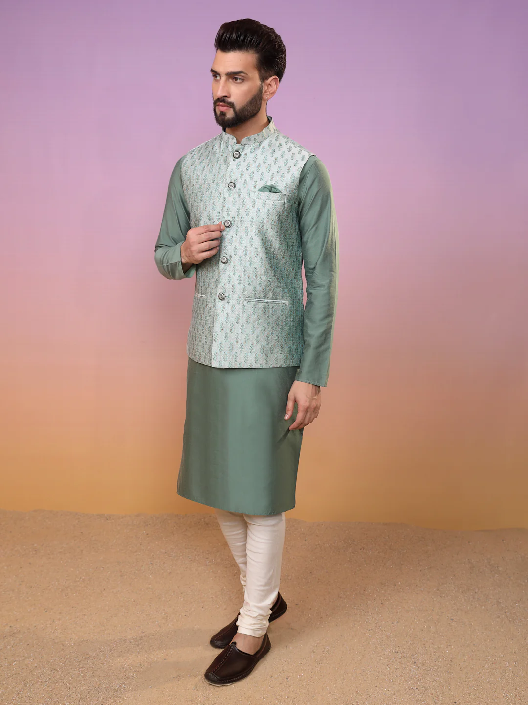 Men Green Kurta Jacket Set - Image 3