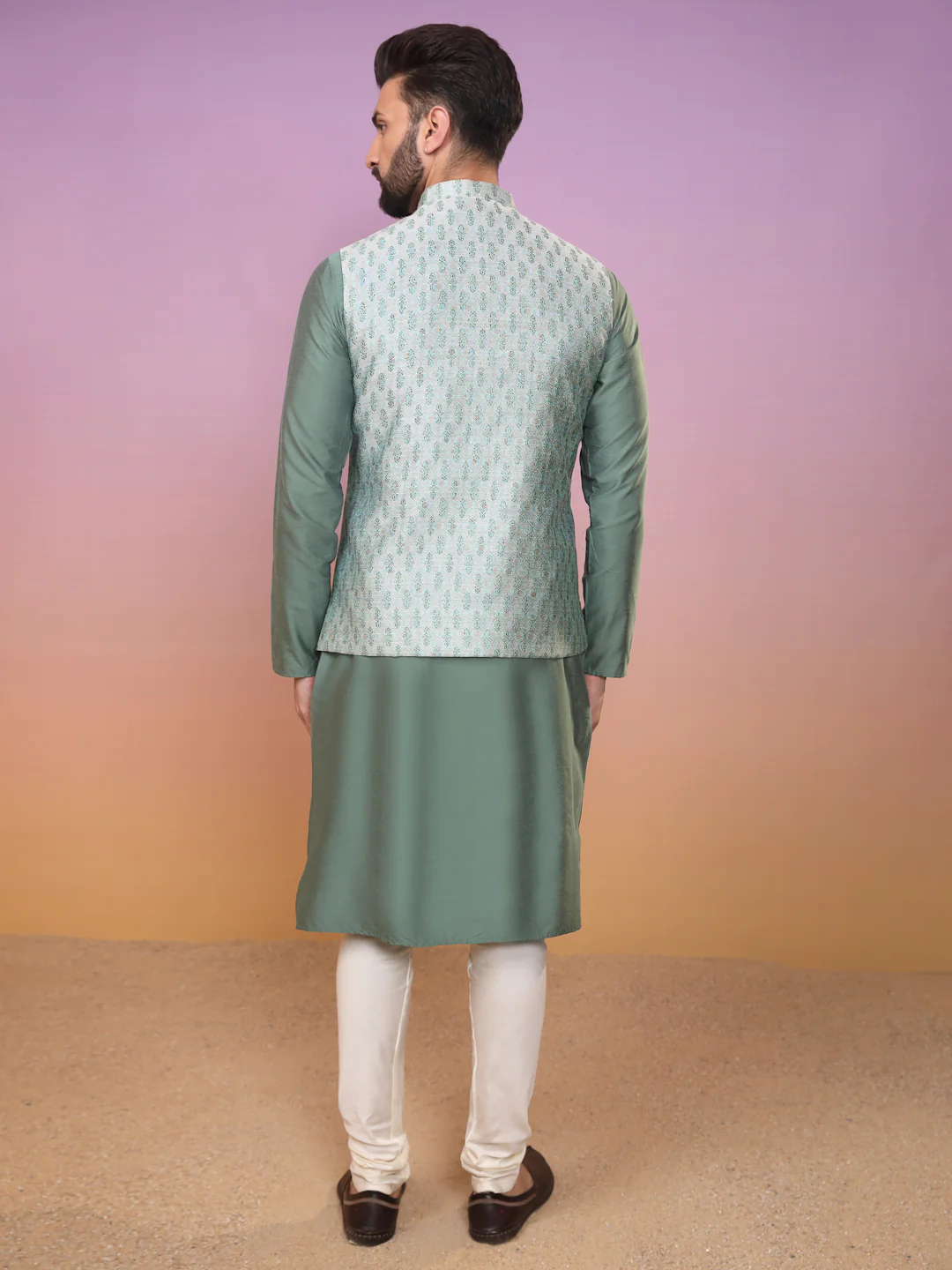Men Green Kurta Jacket Set - Image 4