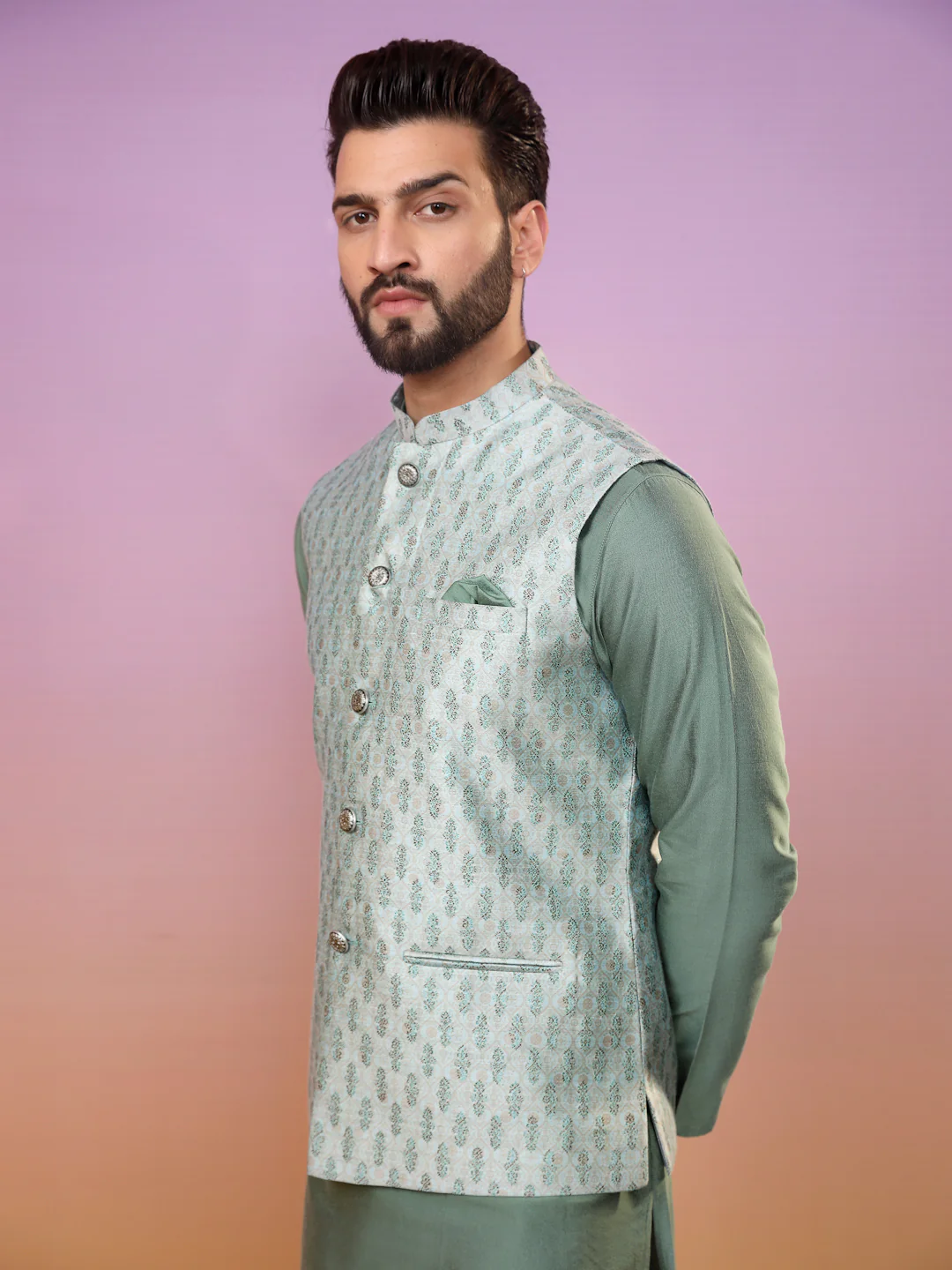 Men Green Kurta Jacket Set - Image 6