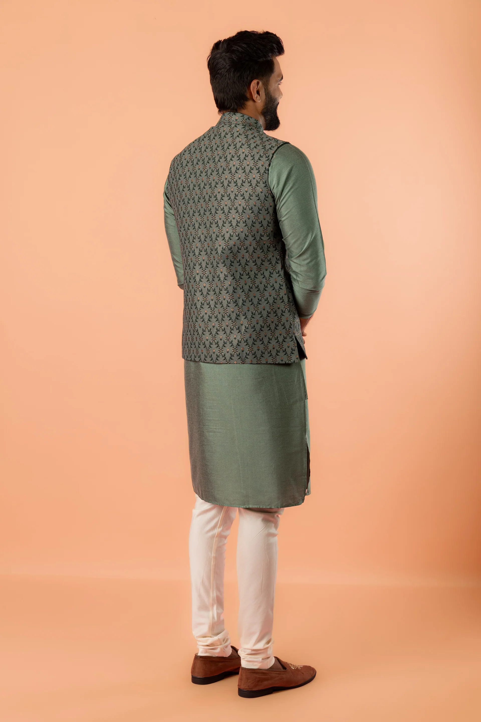Green Cotton Self Design Jacket Kurta Churidar - Image 4