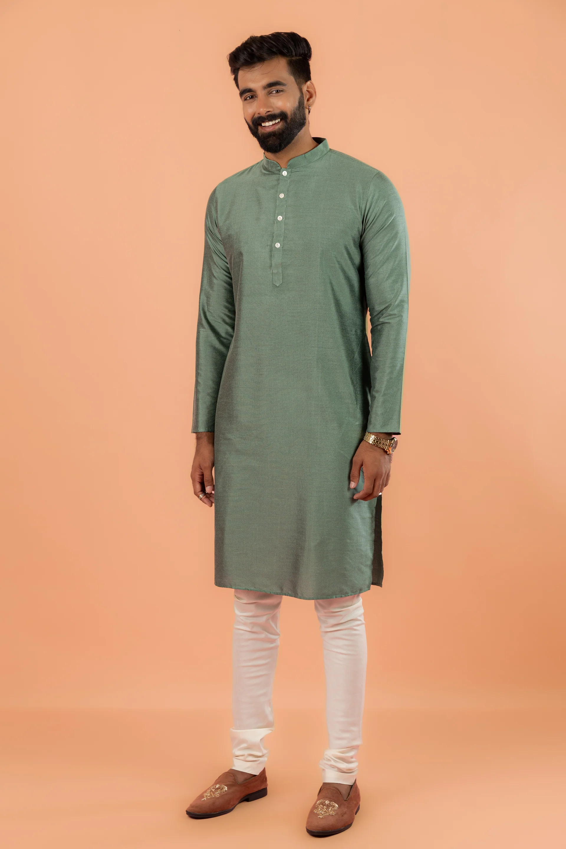 Green Cotton Self Design Jacket Kurta Churidar - Image 6