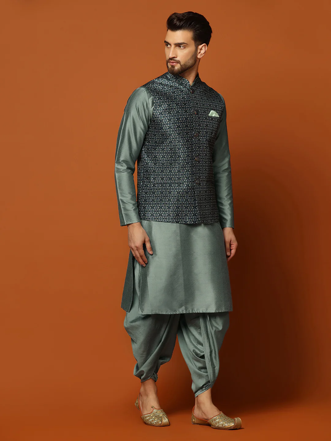 Men's Teal Kurta Jacket Dhoti Set - Image 2