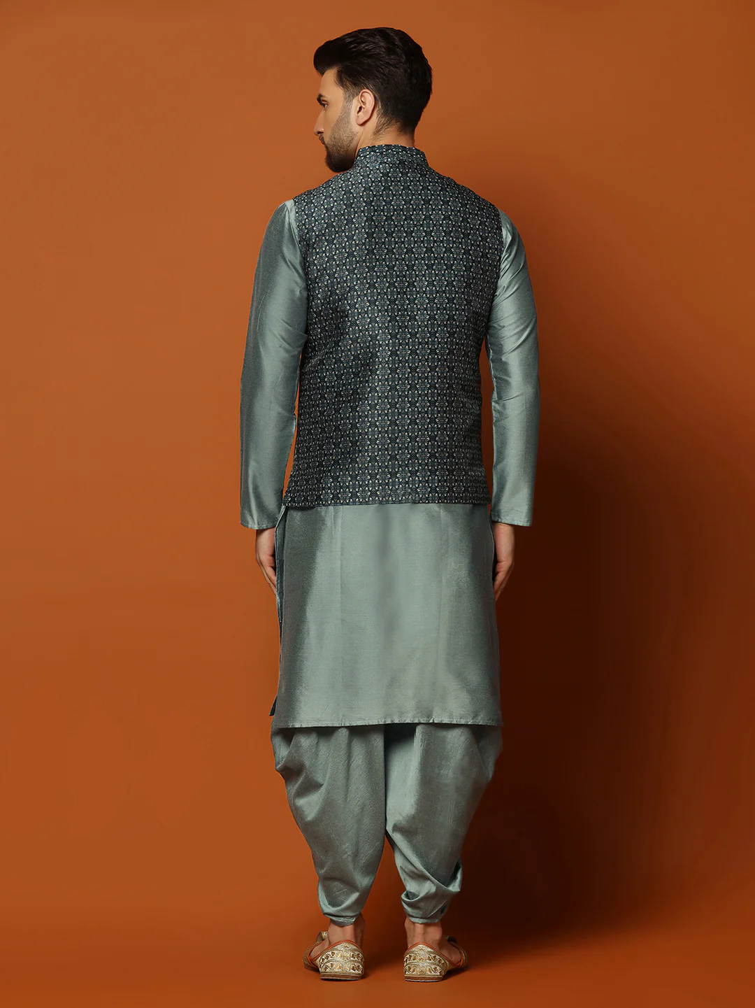 Men's Teal Kurta Jacket Dhoti Set - Image 4