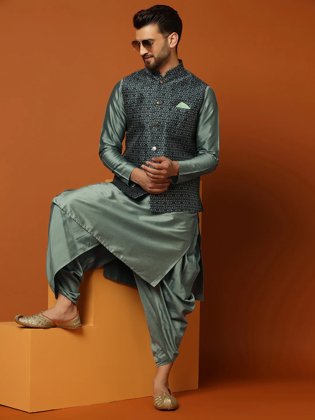 Men's Teal Kurta Jacket Dhoti Set - Image 8