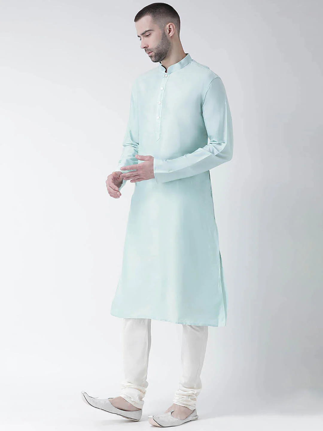 Mint Green Silk Blend Solid Kurta - Image 2