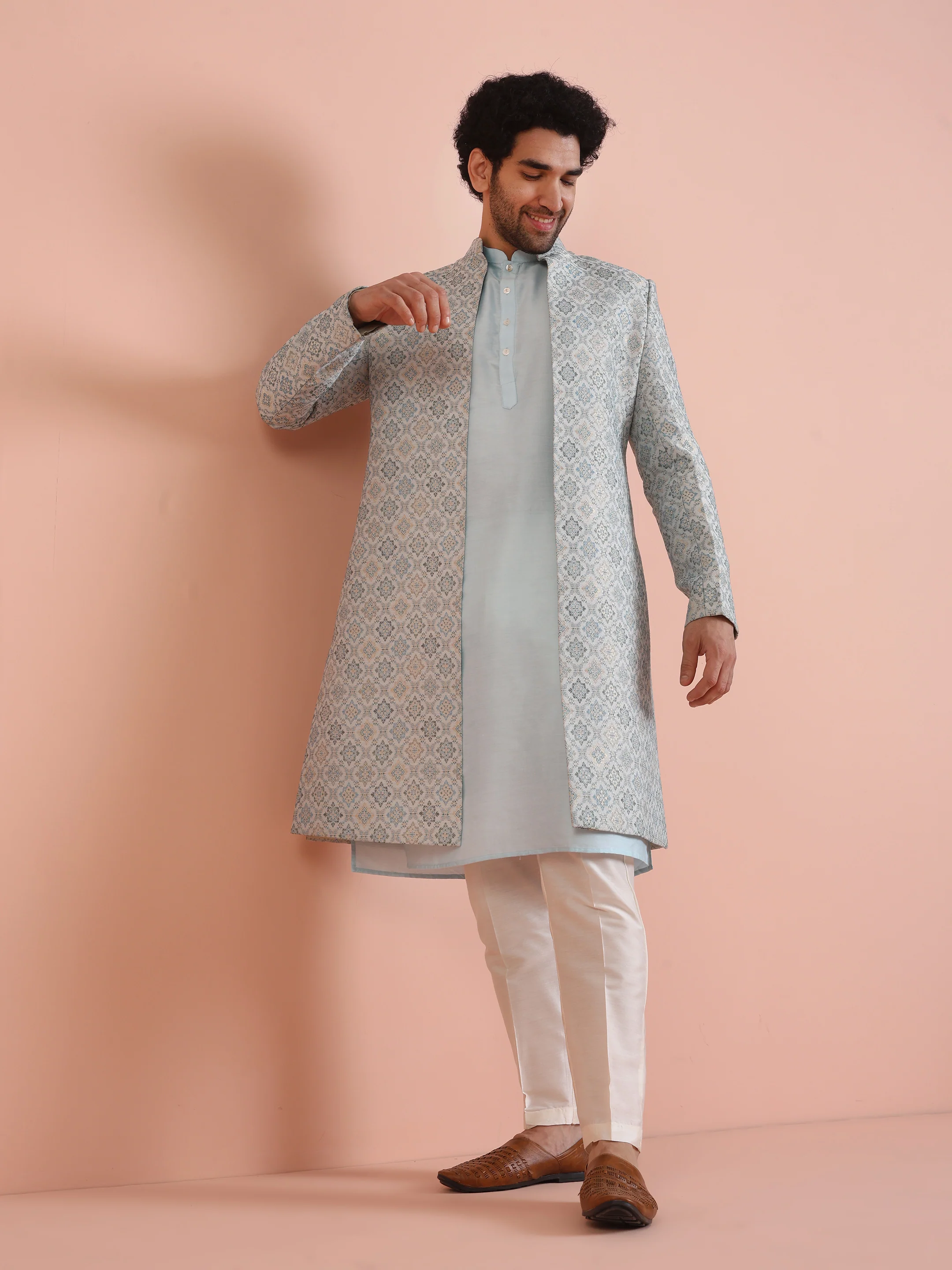 Men Blue Jacquard Geometric Kurta Indowestern Trouser Set