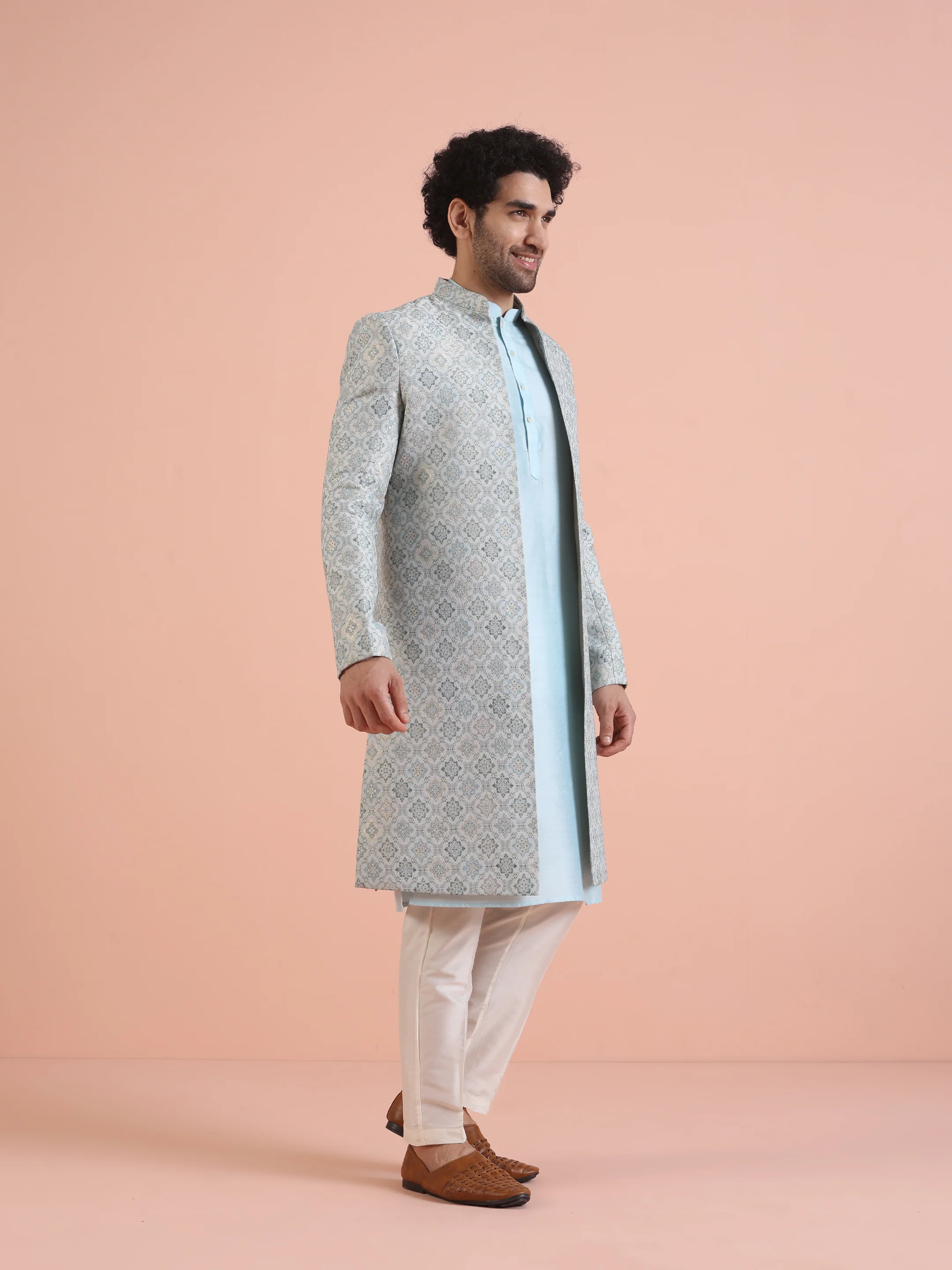 Men Blue Jacquard Geometric Kurta Indowestern Trouser Set - Image 2