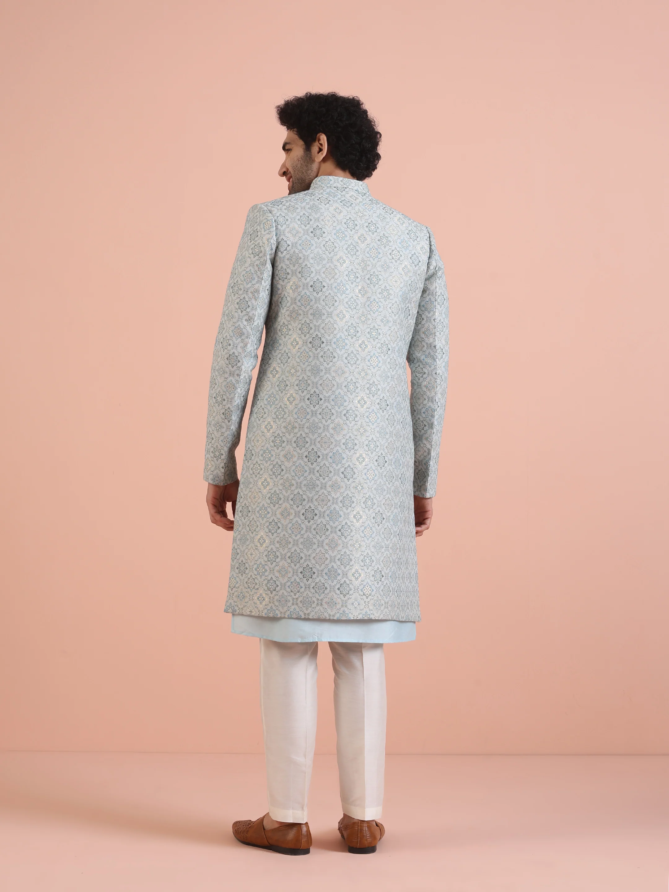 Men Blue Jacquard Geometric Kurta Indowestern Trouser Set - Image 4