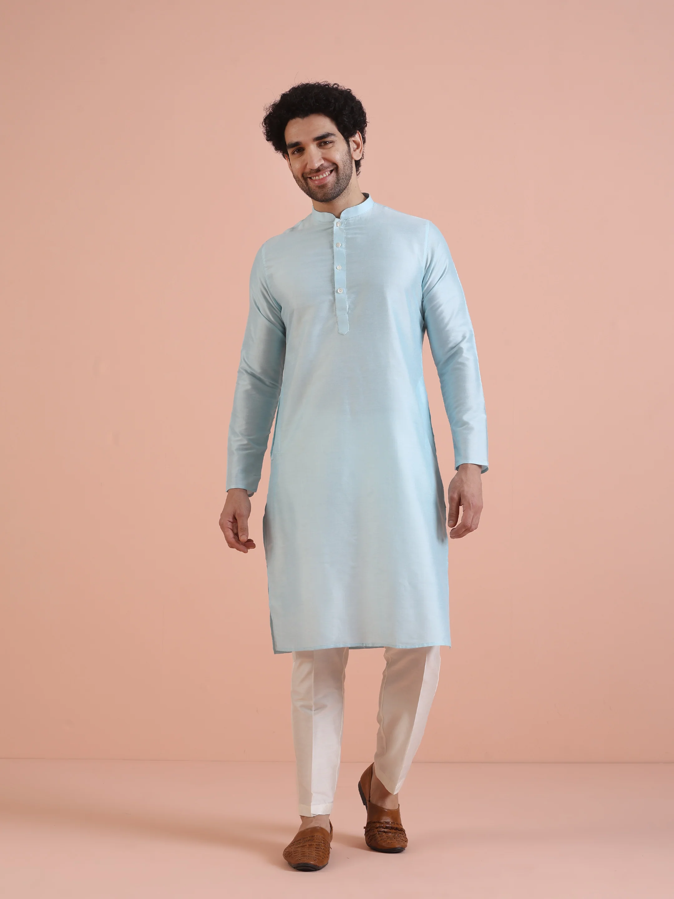 Men Blue Jacquard Geometric Kurta Indowestern Trouser Set - Image 7