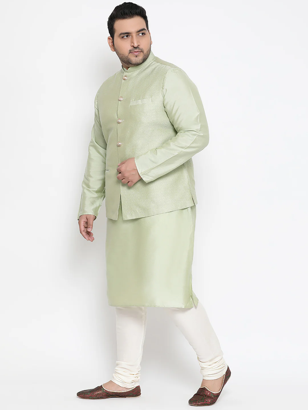 Men's Green Kurta Churidar Jacket Set - Image 2