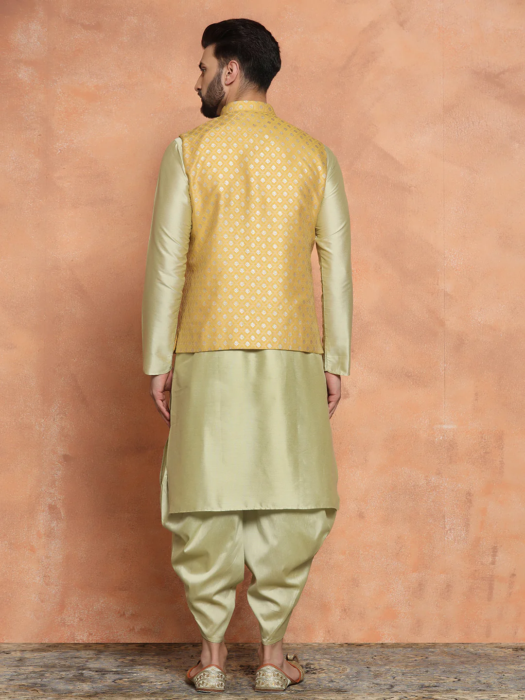 Men Mustard Kurta Jacket Set - Image 4