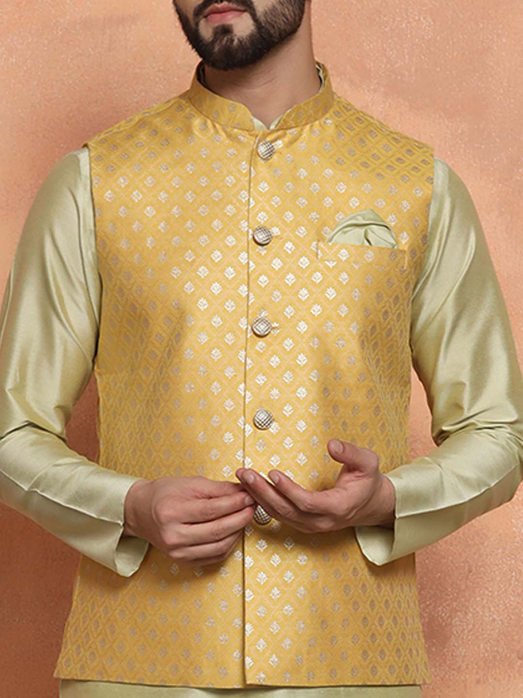Men Mustard Kurta Jacket Set - Image 6
