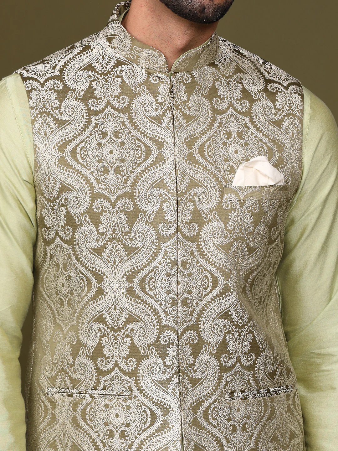 Olive Green Embroidered Jacket Kurta Churidar Set - Image 4