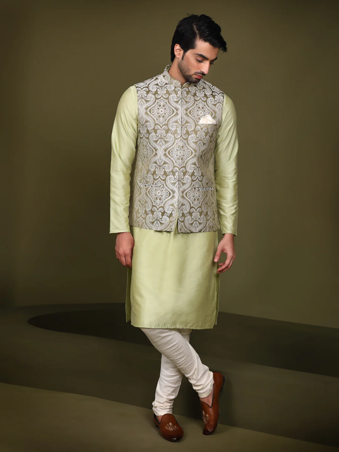 Olive Green Embroidered Jacket Kurta Churidar Set - Image 7