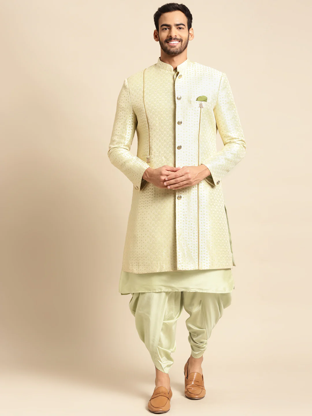 Men's Gold Indowestern Set With Kurta and Dhoti - Image 7