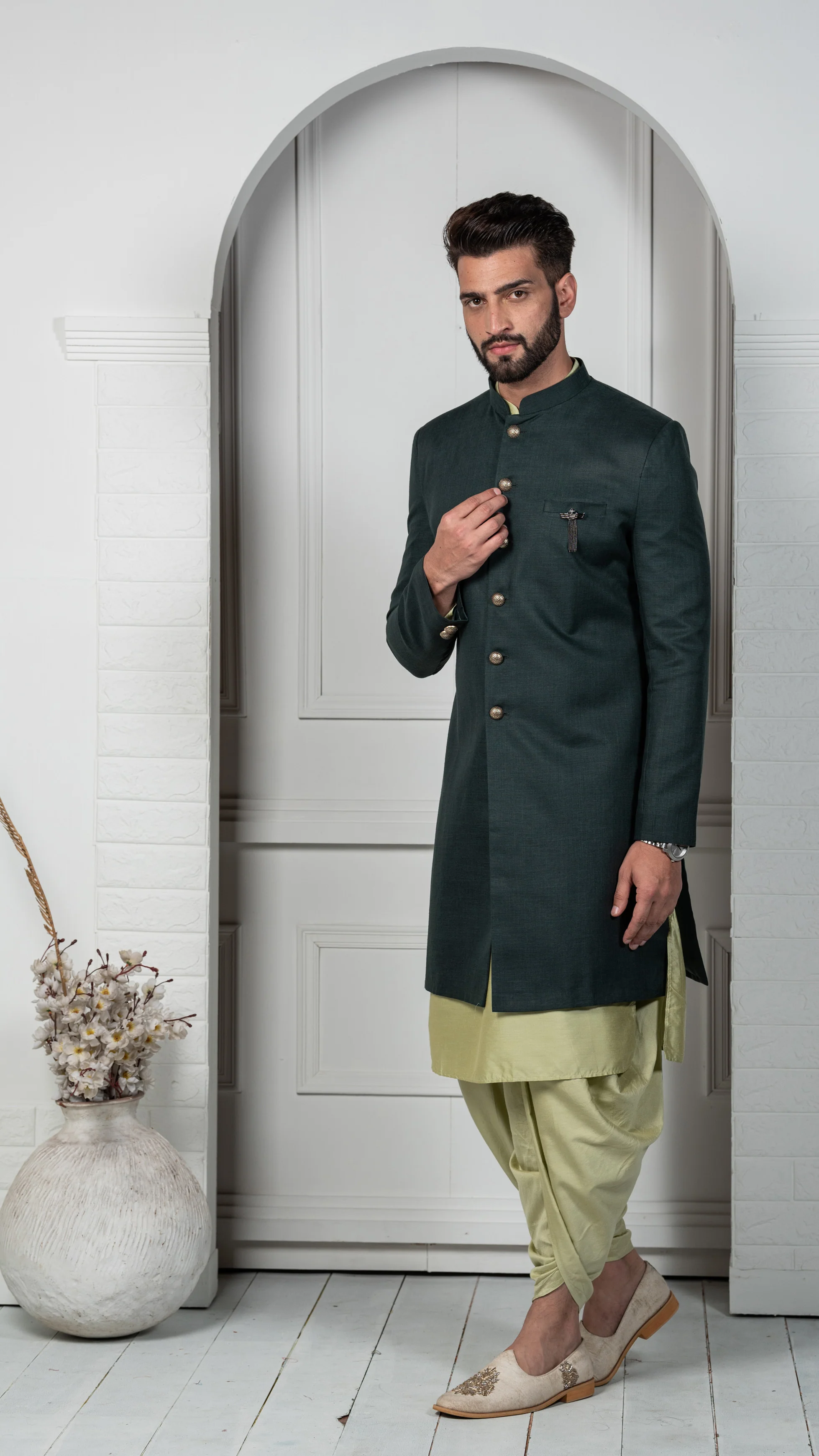 Men's Green Indowestern Set With Kurta and Dhoti - Image 4