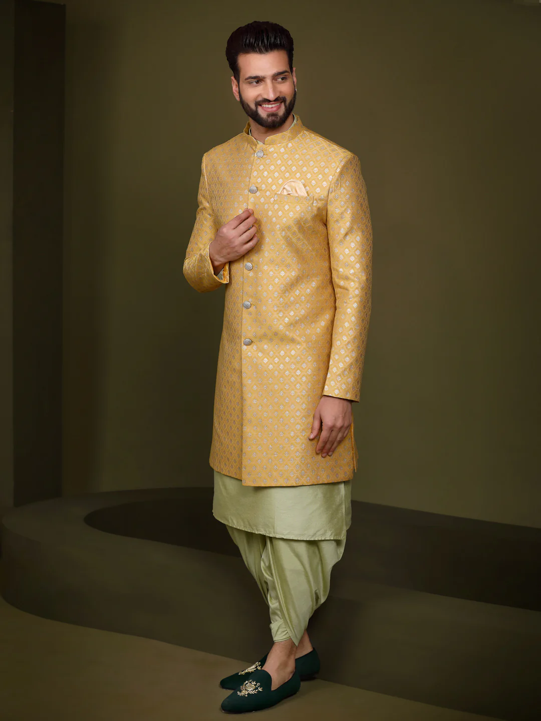 Men's Mustard Indowestern Set With Kurta and Dhoti - Image 3