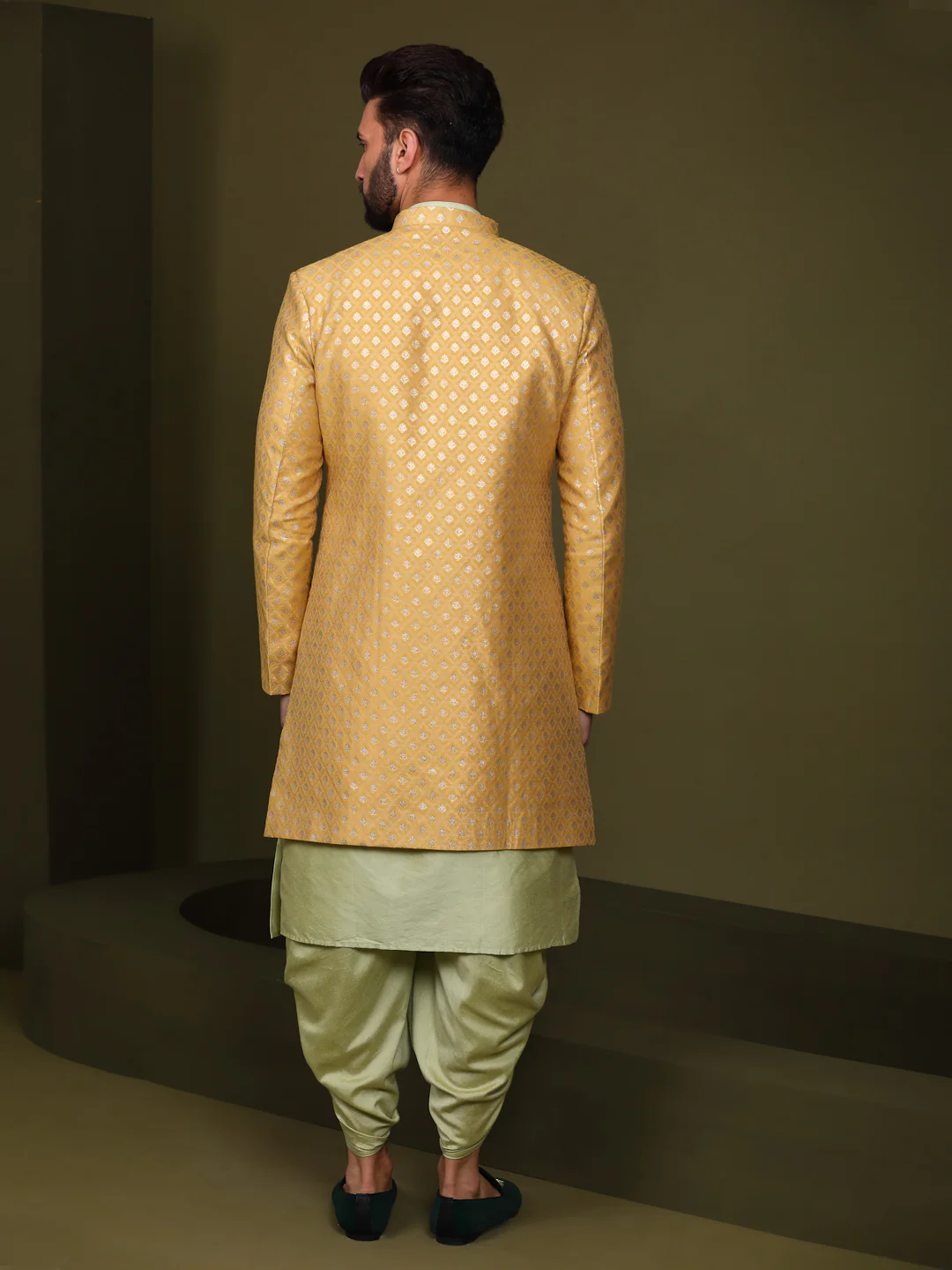 Men's Mustard Indowestern Set With Kurta and Dhoti - Image 4