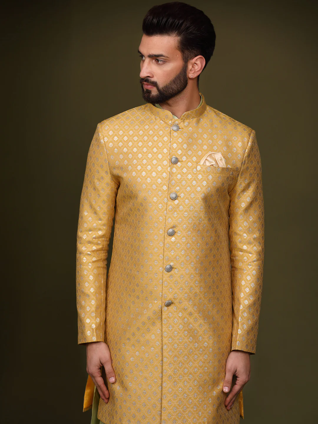 Men's Mustard Indowestern Set With Kurta and Dhoti - Image 5