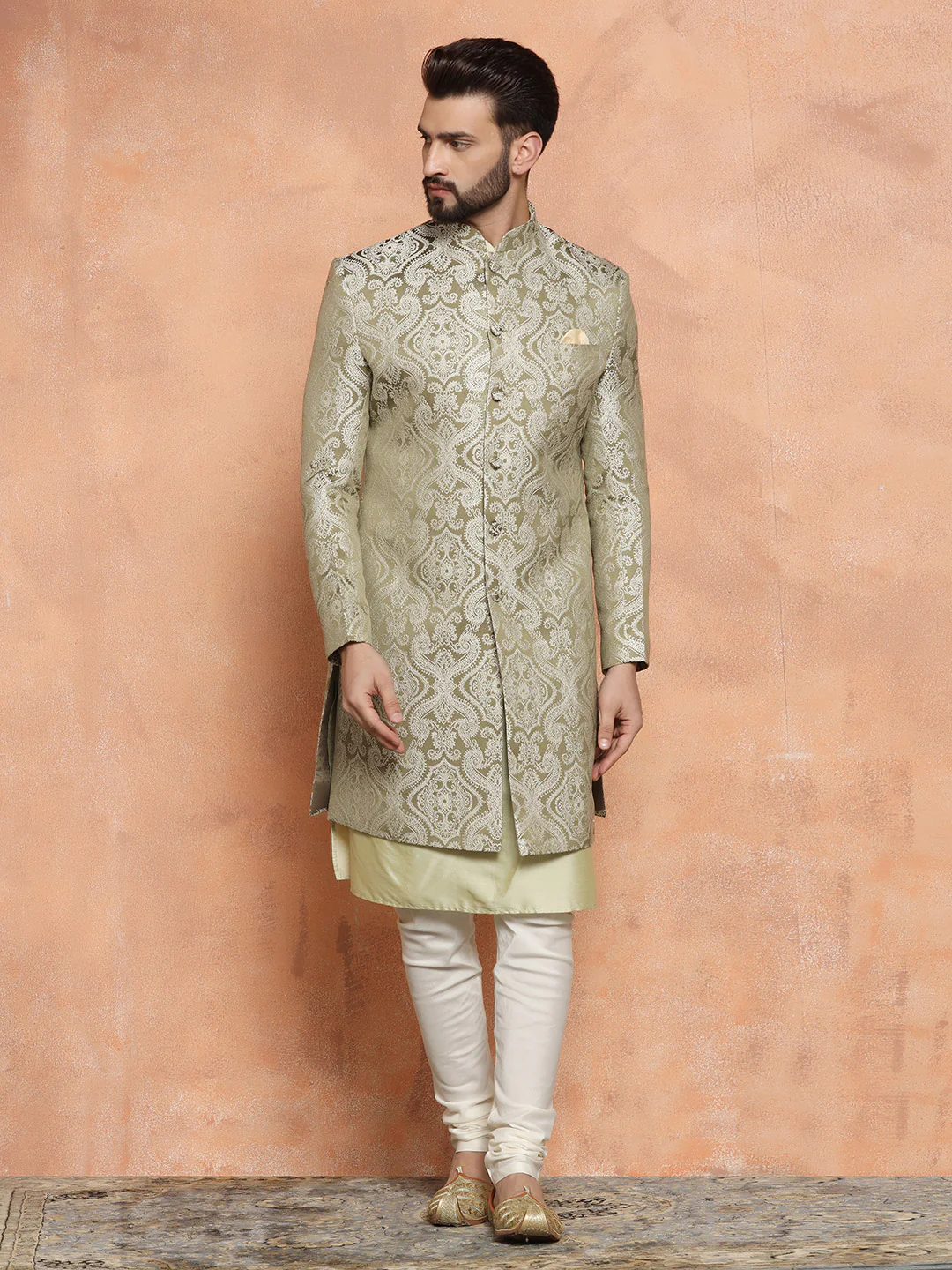 Gold Silk Blend Jacquard Sherwani Set - Image 2