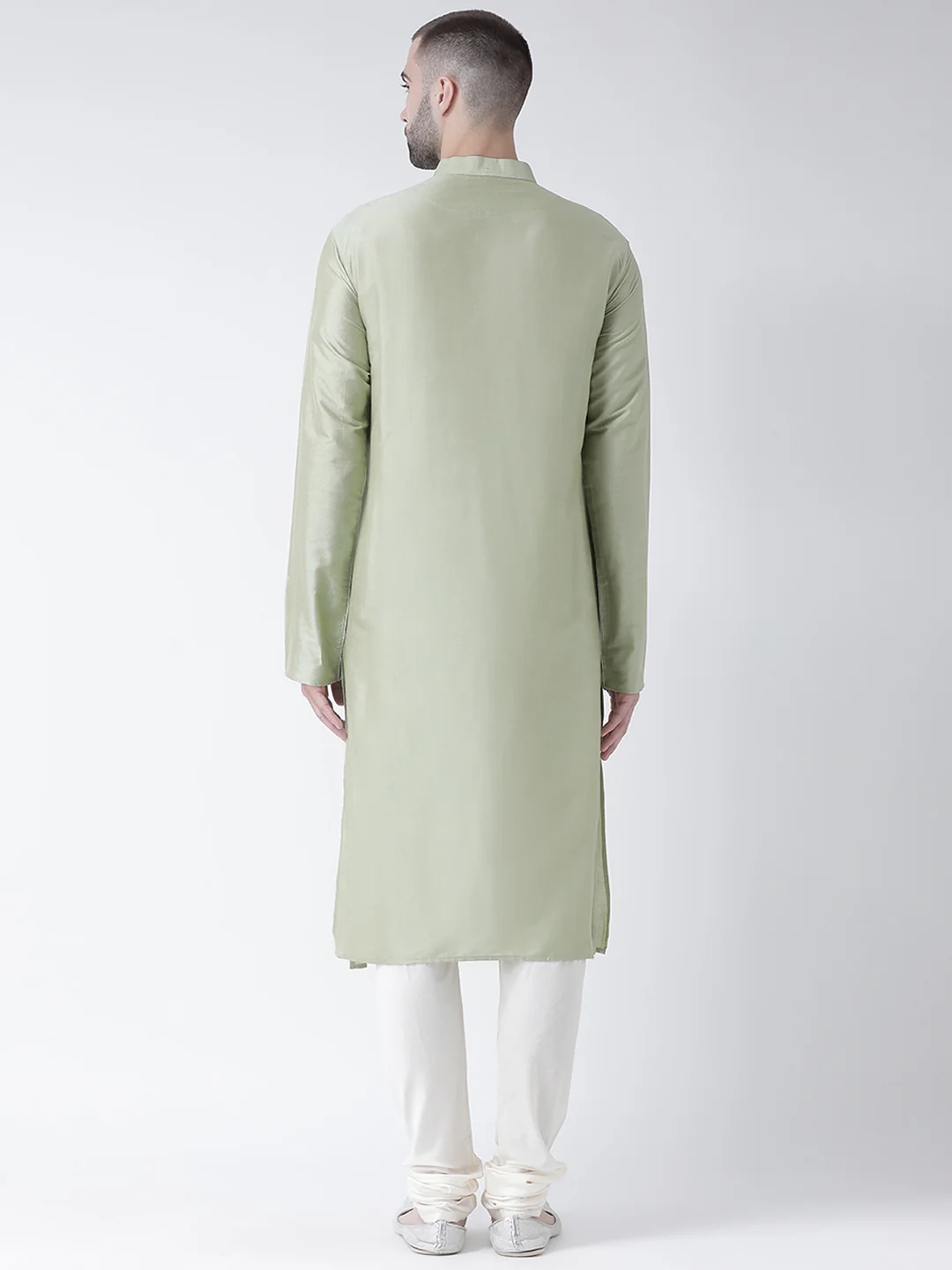 Light Green Silk Blend Kurta Set with Minimalistic Design and Cream Churidar – Festive & Wedding Ensemble - Image 2