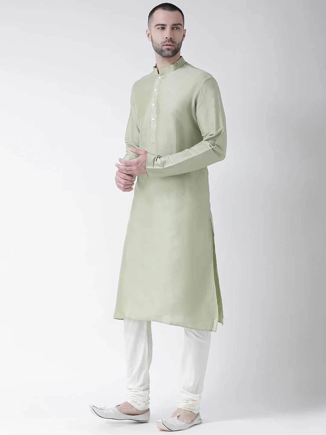 Light Green Silk Blend Kurta Set with Minimalistic Design and Cream Churidar – Festive & Wedding Ensemble - Image 3