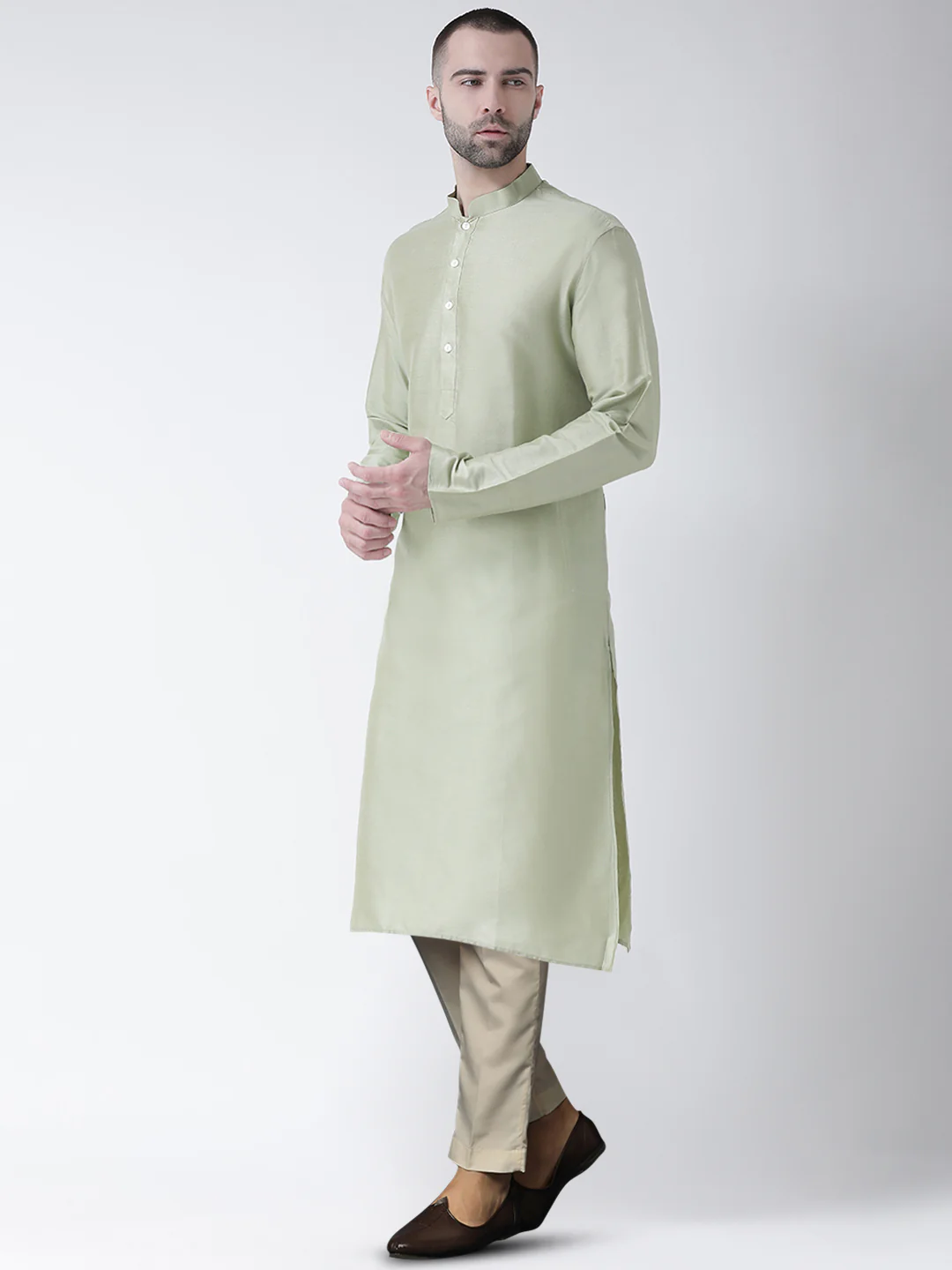 Light Green Silk Blend Kurta Set with Minimalistic Finish and Cream Trousers - Image 2