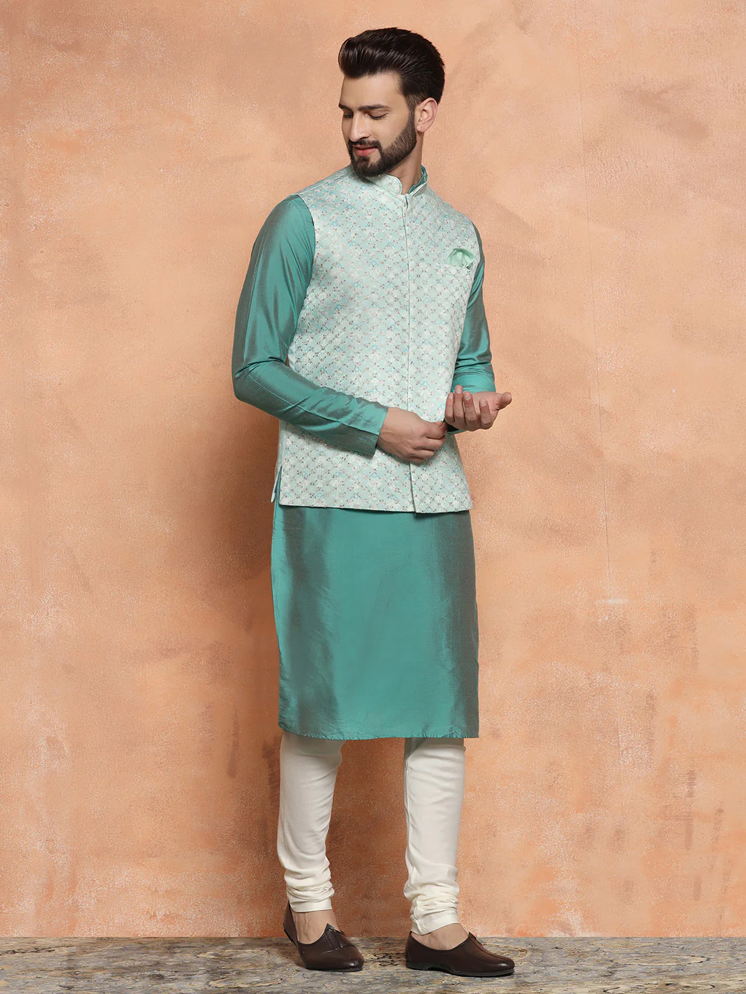 Light Blue Silk Embroidered Nehru Jacket Kurta Set - Image 2