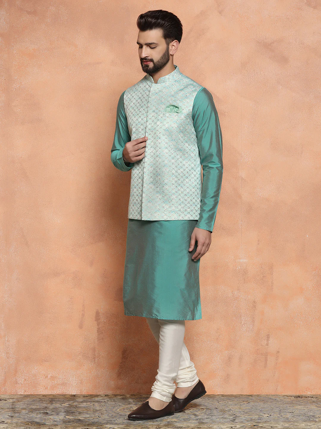 Light Blue Silk Embroidered Nehru Jacket Kurta Set - Image 3
