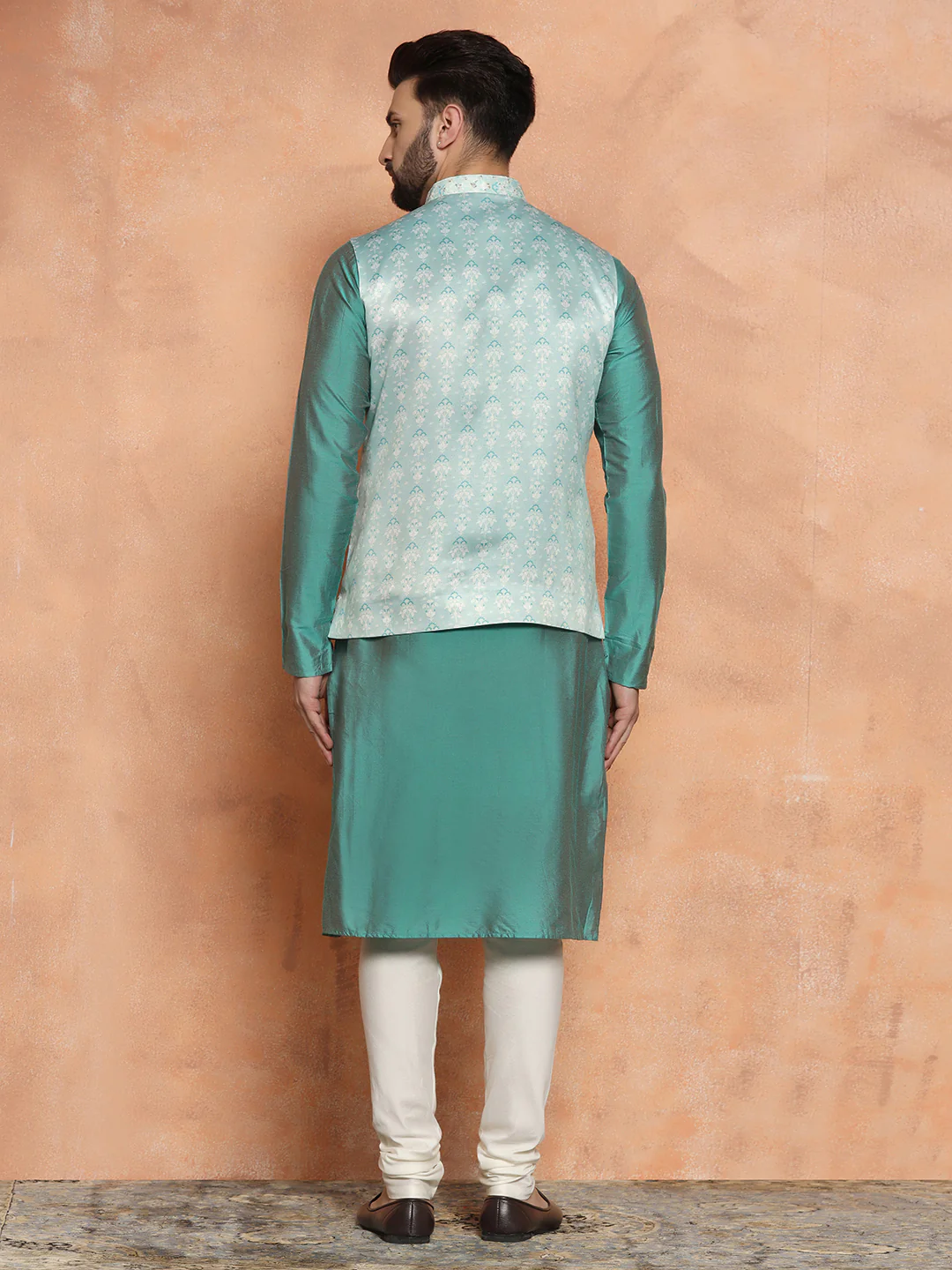 Light Blue Silk Embroidered Nehru Jacket Kurta Set - Image 4