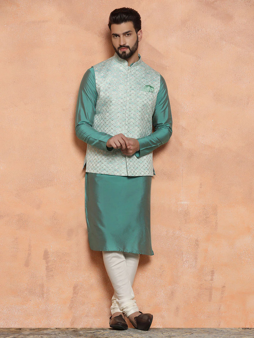 Light Blue Silk Embroidered Nehru Jacket Kurta Set - Image 8