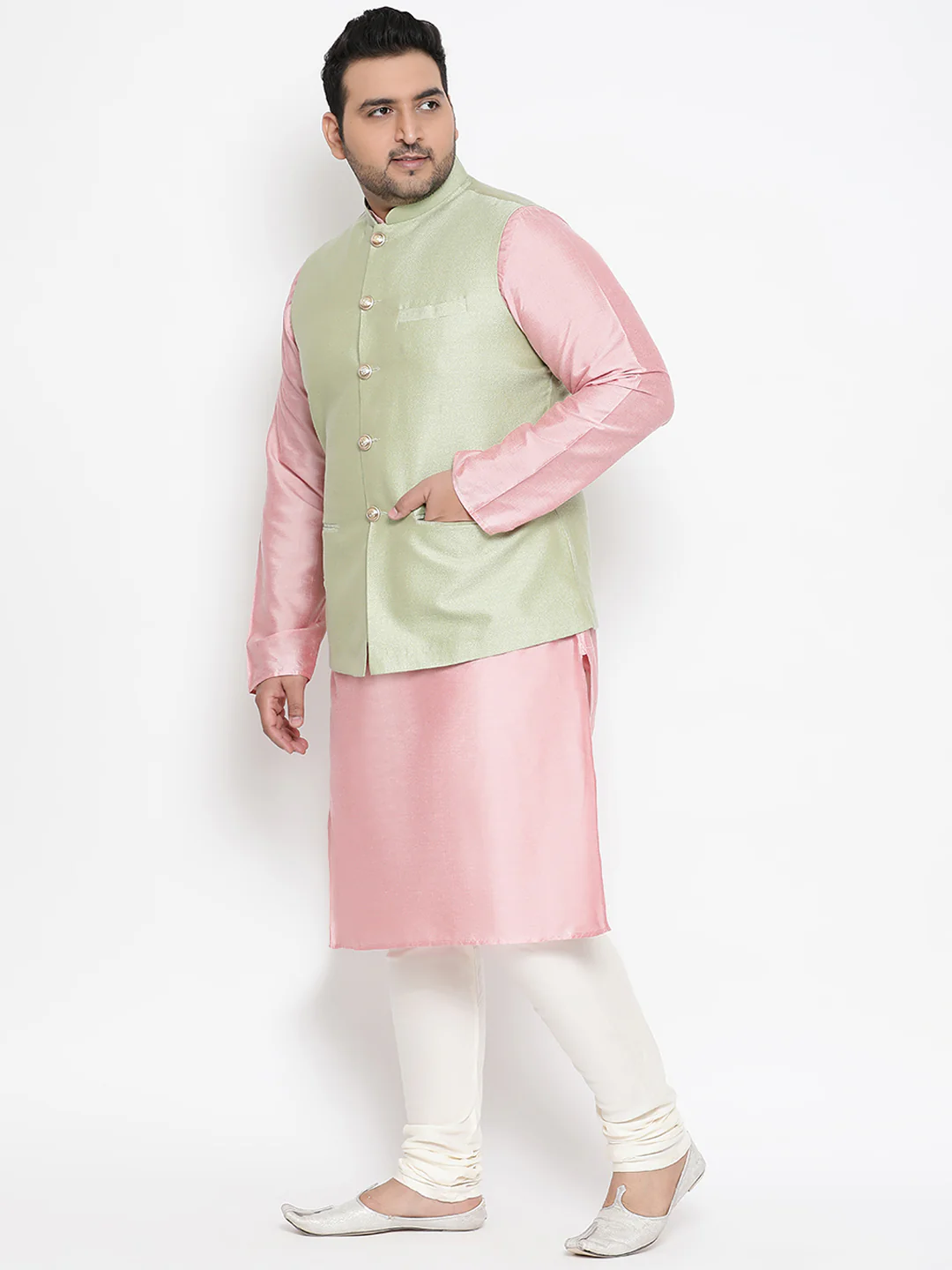 Men's Green Kurta Churidar Jacket Set - Image 2