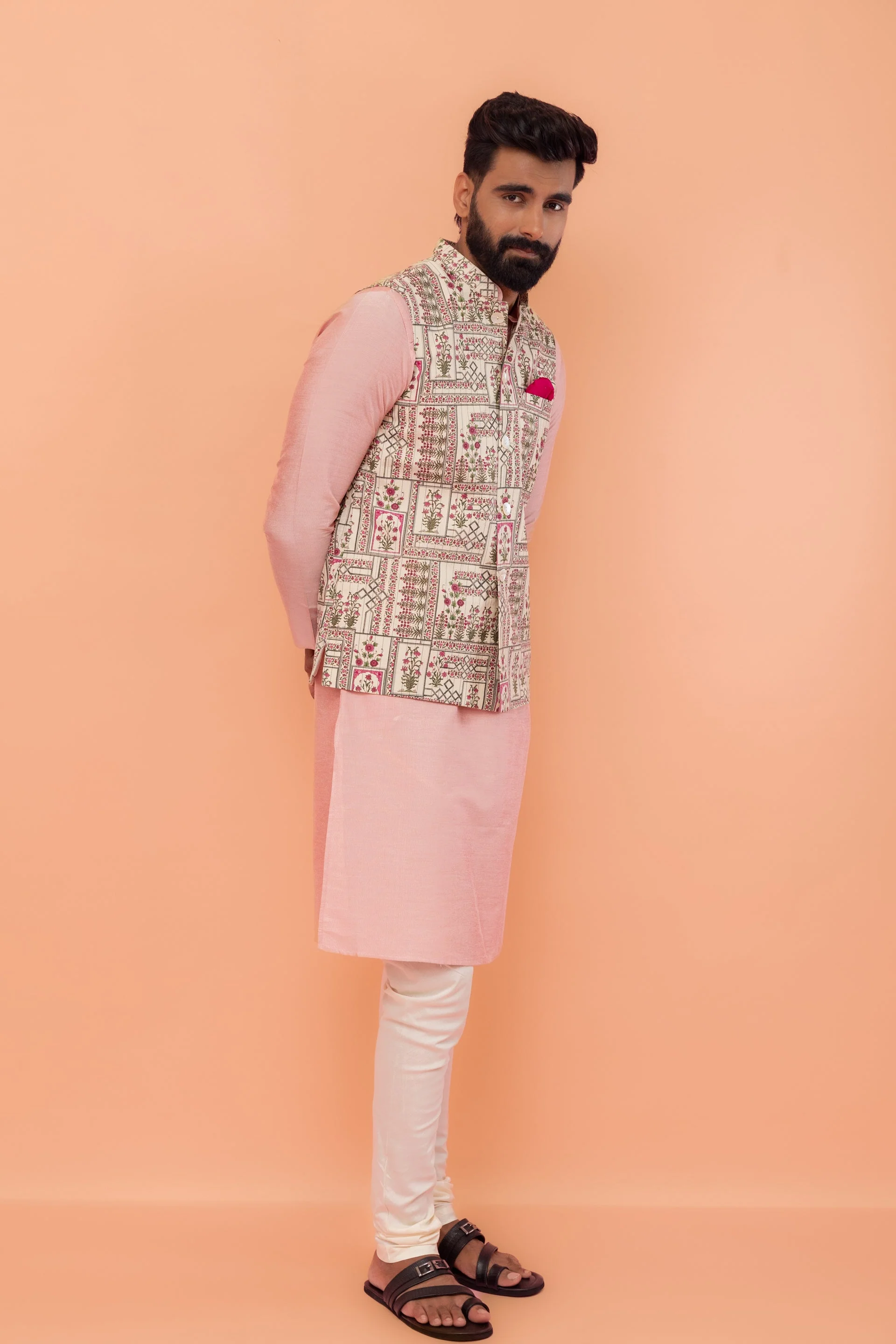 Pink Cotton Silk Kurta with White Printed Nehru Jacket Churidar - Image 11
