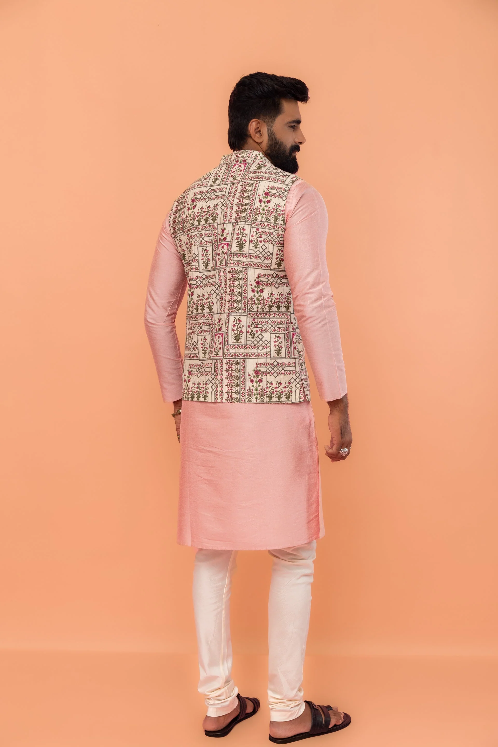 Pink Cotton Silk Kurta with White Printed Nehru Jacket Churidar - Image 13